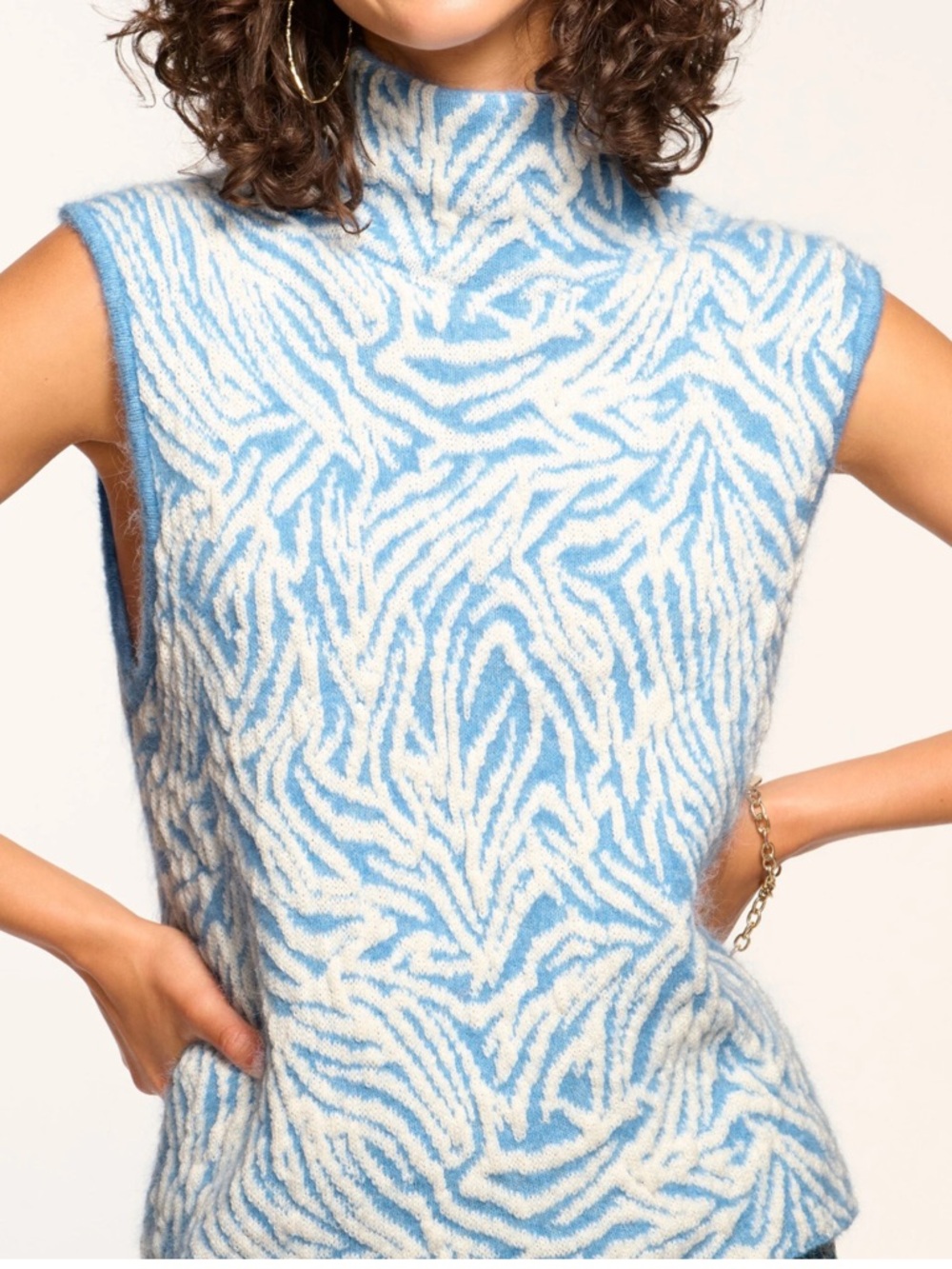 Ramy Brook NEW Animal Jacquard Sweater Vest MEDIUM Wool Alpaca Blue Mock Neck - Picture 6 of 11